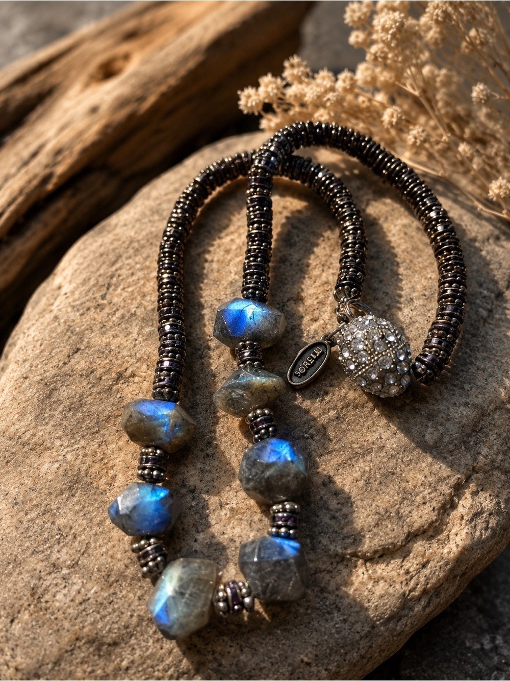 TOVA Faceted Labradorite Statement Necklace • Vintage Gunmetal Crystal Choker
